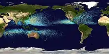 Chemins suivis par les cyclones tropicaux de 1985 à 2005.