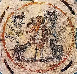 Le Bon Pasteur (IIIe siècle), catacombe de Priscille, Rome.