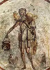 Le Bon Pasteur (milieu du IIIe siècle), catacombe de Saint-Calixte, Rome.