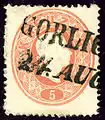 5 kr vermillon, oblitération linéaire de Gorlice, Pologne
