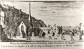 Le couvent des Augustins dans le faubourg médiéval du Bourg-aux-Moines. Gravure du XVIIe siècle.
