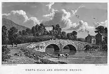 Gravure d'un pont et d'une maison.