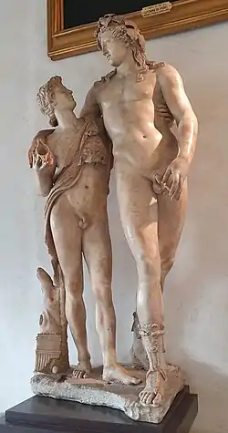 Bacchus et un satyre, parfois identifié comme Ampélos(en) Francesco Lumachi, Florence: A new illustrated guide, historical artistic, anecdotical of the city and its surroundings, Società Editrice Fiorentina, 1935 (lire en ligne), p. 664. (Florence, musée des Offices).