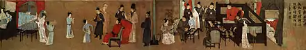 Les divertissements nocturnes de Han Xizai, copie Song d'une peinture de Gu Hongzhong, vers 970, Tang méridionaux 937-975, rouleau portatif: partie droite, encre et couleurs sur soie, 28,7 × 335,5&nbsp;cm ensemble, Musée du palais Beijing