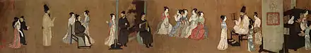 Les divertissements nocturnes de Han Xizai, copie Song d'une peinture de Gu Hongzhong, vers 970, Tang méridionaux 937-975, rouleau portatif: partie gauche, encre et couleurs sur soie, 28,7x335,5 cm ensemble, Musée du palais, Beijing.
