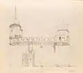 Esquisse du mur d'enceinte en l'état qu'il était avant sa restauration du XIXe&nbsp;siècle. Dessin d'Hippolyte Destailleur, BNF.