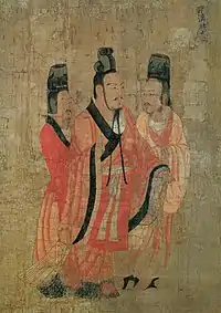 Empereur Zhao des Han ? Rouleau des Treize Empereurs attribué traditionnellement à Yan Liben, actif en 640-673, rouleau horizontal, encre et couleurs sur soie, 51&nbsp;×&nbsp;531&nbsp;cm, détail. Boston Museum of Fine Arts.