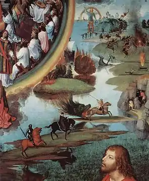 Trois des quatre cavaliers, chacun sur son île ; au-dessus, la chute des étoiles et du feu.