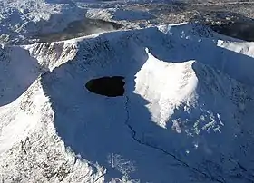 Vue aérienne de Helvellyn avec Red Tarn au centre.