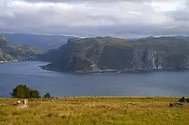 En regardant vers le sud depuis Kvalheim (en) vers le Phare d'Hendanes