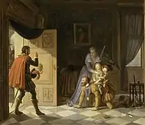 Toile d'un homme portant des enfants sur son dos.