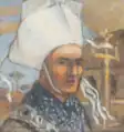 Plougastellenn devant le calvaire de la chapelle Saint-Jean à Plougastel. Pastel, signé et daté 1912. (Henri Schick)