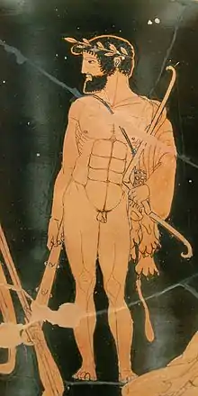 Héraclès portant un arc, sa massue et la peau du lion de Némée, détail du Cratère des Niobides, v.&nbsp;460–450 av. J.-C., musée du Louvre.