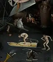 Plusieurs personnages chaussés de patins à glace évoluent sur une pièce d'eau gelée.