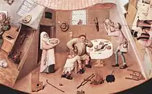 Peinture sur panneau. Scène de beuverie et de ripaille. « Gula » écrit en bas