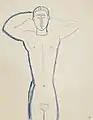 Dessin en bleu d'une silhouette croisant les bras derrière la tête