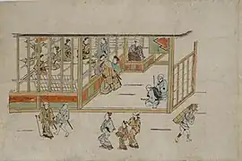 Sumizuri-e (en) colorée à la main (1680) de Moronobu.
