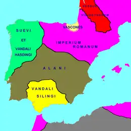 Les vascons obtiennent de l'empereur Honorius l'autorisation d'organiser leur propre défense après le passage en 409 des Vandales, Alains et Suèves désormais établis en Hispanie et l'installation des "alliés" Visigoths en Aquitaine en 418.