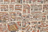 Détail du plan de Braun et Hogenberg vers 1530. Emplacement de l'hôpital Sainte-Catherine.