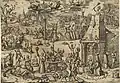 Le Sabbat des sorcières, gravure d'un auteur inconnu vers 1600. Une main de gloire est au dessus de la cheminée , une autre dans le cercle magique