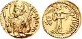 Monnaie du roi Huvishka, avec la déesse Niké, divinité grecque de la victoire.