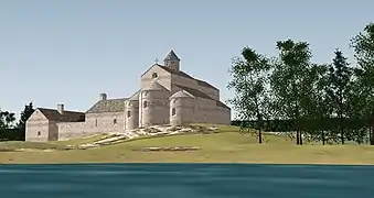 Restitution du prieuré Saint Vincent de la Motte au XIIe&nbsp;siècle (lac d'Ilay). Vue de l'est. Essai basé sur le relevé planimétrique des fouilles en 1993.