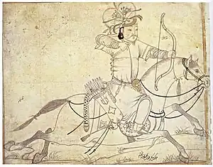 Une représentation timuride d'un archer mongol. (Signé (en bas à droite): Muhammad ibn Mahmudshah al-Khayyam, début du XVe&nbsp;siècle).