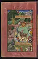 En route vers l'Hindoustan, Babur et ses hommes s'arrêtent pour la nuit avant de traverser l'Indus. Miniature fin du XVIe&nbsp;siècle.