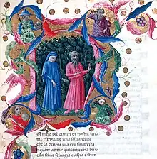 Dante et Virgile, codex de la British Library, enluminure de Priamo della Quercia (XVe&nbsp;siècle)