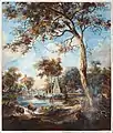 Paysage montrant une rive de lac avec du bétail et des bâtiments (1785)
