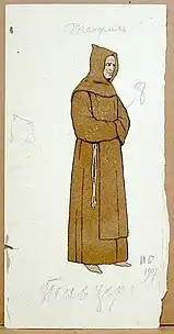 Trois dessins d'Ivan Bilibine pour Le Miracle de Théophile, réalisés à la gouache et au crayon, conservés au Bakhrushin Museum (en) de Moscou.
Description des illustrations:
* À gauche: Costume de scène 1. Scapulaire monastique (22,5 x 11,1 cm).
* Au centre : Costume de scène 2. Aube de prêtre (22,5 x 14,3 cm).
* À droite: Décor. Fond de scène.