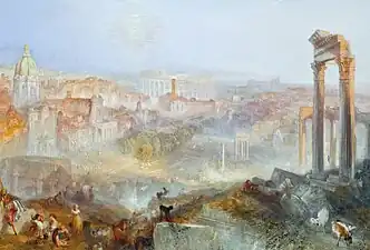 Aquarelle en couleurs représentant des ruines antiques.