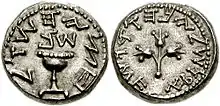 la pièce avec le motif original (shekel datant de la Grande révolte juive)
