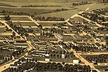 Une gravure, vue aérienne, d'une petite bourgade américaine avec deux églises et des rues au cordeau.