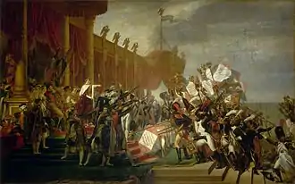 L'Empereur, entouré de ses nouveaux maréchaux, s’avance vers son armée représentée dans ce tableau par des unités de chasseurs, de grenadiers et de dragons. Dans un élan unanime, soldats et maréchaux prêtent allégeance à l'aigle impérial, symbole du nouveau régime. On distingue également en arrière plan, sur l’estrade, les grands dignitaires et figures civiles de l'Empire.