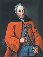 Hetman Jan Zamoyski vers 1600, portant une delia (pl) cramoisie sur un jupan (pl) de soie bleue.
