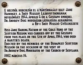 Plaque à la mission écossaise, Budapest
