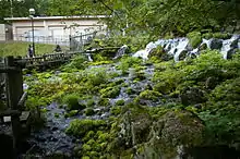 Photo couleur d'une étendue d'eau parsemée de rochers moussus avec une cascade au second plan.