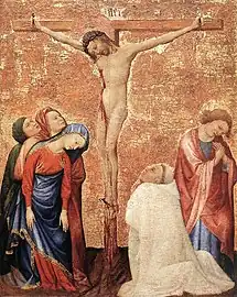 Jean de Beaumetz, Calvaire avec un moine chartreux, 1389-1395. Musée du Louvre.