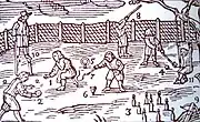 Gravure du XVIIe siècle représentant des jeux populaires (origine :Orbis sensualium pictus)