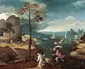 Suiveur de Joachim Patinier, Saint Christophe portant l'Enfant Jésus, h/p, XVIe siècle.