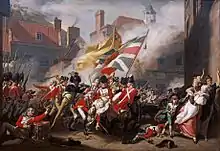 « The Death of Major Peirson, 6 January 1781&nbsp;(en) » par John Singleton Copley : l'étendards à la bataille de Jersey