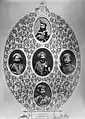 Nawabs de Junâgadh et fonctionnaires de l'État, XIXe&nbsp;siècle. En haut : Mohammad Mahabat Khanji II, au centre : Mohammad Bahadur Khanji III, en bas : Mohammad Rasul Khanji, à gauche : personnage non identifié et à droite : le vizir Bahaduddinbhai Hasainbhai