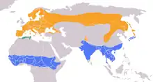 Carte représentant l'aire de répartition du Torcol fourmilier, distinguant l'aire de nidification, une aire mixte et l'aire d'hivernage.
