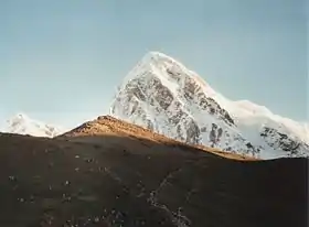 Vue du Kala Patthar, sommet modeste en terre/herbe (au premier plan), avec le Pumori au centre (deuxième plan).