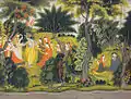 Krishna flirtant avec les Gopis, au chagrin de Radhas - Kangra. Peinture de 1760. Des manches et des corps complets sont portés dans les états himalayens de l'Inde.