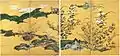 Paravent en deux panneaux, couleur et or sur papier, attribué à Kanō Eitoku (époque Azuchi Momoyama, XVIe et XVIIe&nbsp;siècles).