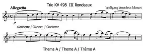 Quelques mesures retranscrites sur deux ligne de partition du trio de clarinette Les Quilles, thème A.