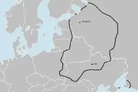 Limites géographiques de la Ruthénie, associées à la Rus' de Kiev au XIe siècle.