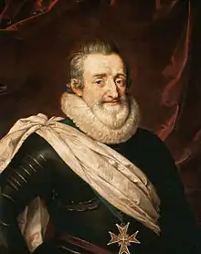 Portrait en buste du roi Henri IV (1553-1610) portant en écharpe la bannière blanche et la croix de l'Ordre du Saint-Esprit. Huile sur toile exécutée par Frans Pourbus le Jeune XVIIe siècle.